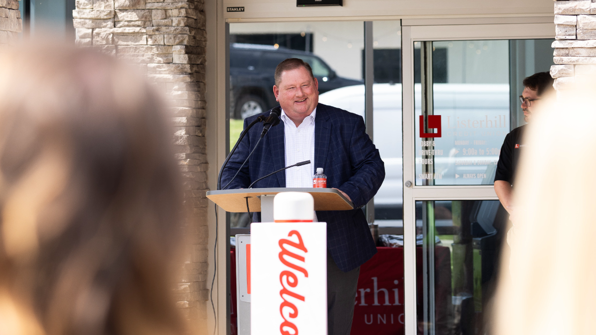 President & CEO of Listerhill, Brad Green, gives remarks in front of Listerhill's new Winfield Branch at its grand opening event on July 7.
