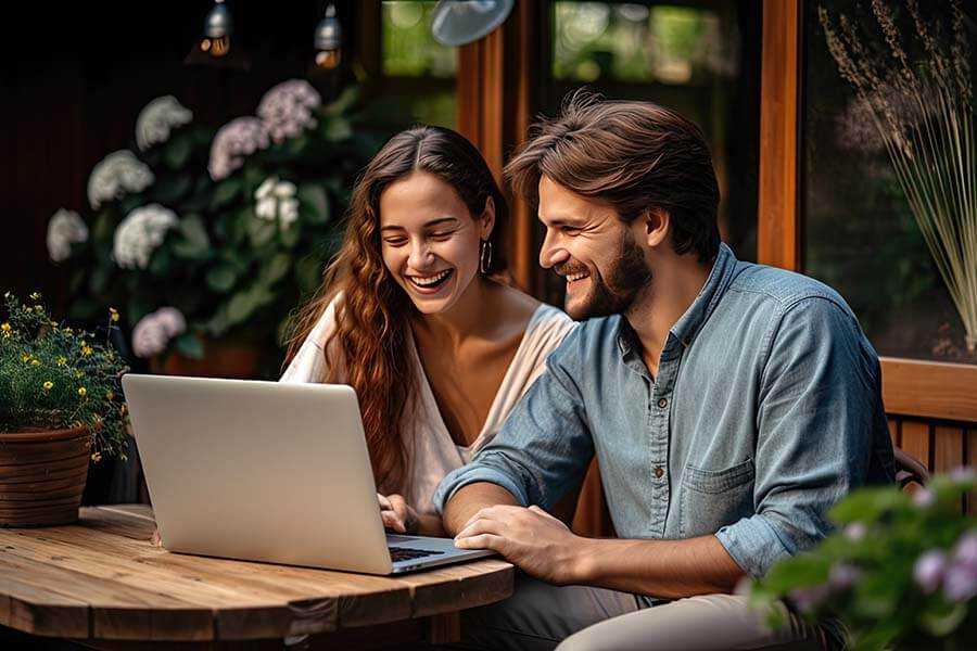 a couple sitting at a table smiling at a computer
