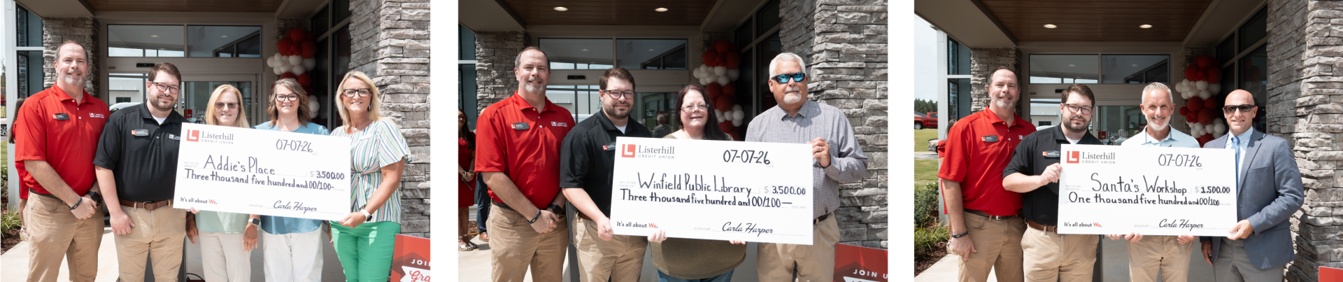 Local nonprofits pause for photos as Listerhill Branch Manager, Garrett Melton, presents donation checks on July 7.